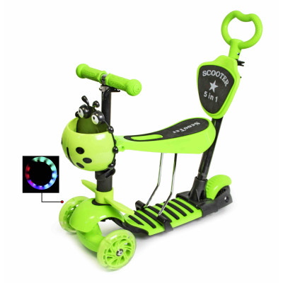 Трехколесный детский самокат Scooter 5 в 1 Зеленый с сиденьем, родительской ручкой и корзинкой 1+