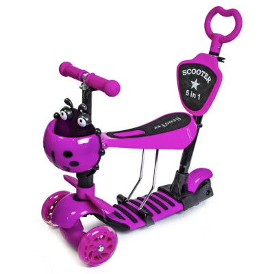 Трехколесный детский самокат Scooter 5 в 1 Розовый с сиденьем, родительской ручкой и корзинкой 1+