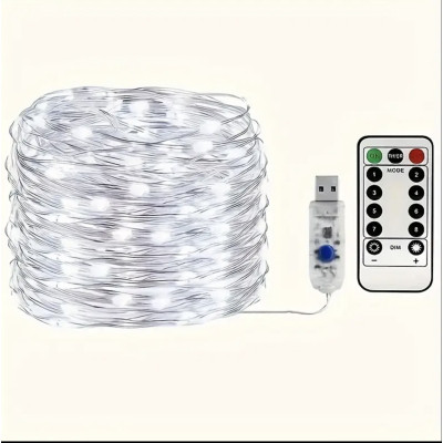 Гирлянда Роса 5м, 50 LED, серебряная проволока, USB, пульт 8 режимов, белый