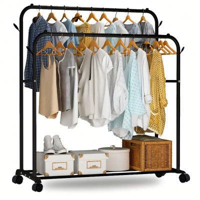 Двойная стойка на колесах - вешалка для одежды Double floor Hanger с полкой  для обуви  143х96х42 см Black