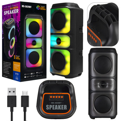 Мини чемоданчик колонка от сети и от аккумулятора с USB, SD, FM, AUX, Bluetooth, светомузыкой и ручкой 38,5см*16см*14см, 10ватт*2, MS-3629BT