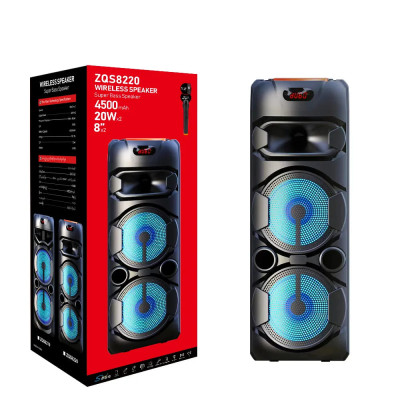 Колонка аккумуляторная без проводным микрофоном, пультом, USB, SD, FM, AUX, Bluetooth, светомузыкой, ручкой и на колесах, 20ватт*2шт, 80см*27.5см*27.5см ZQS8220S