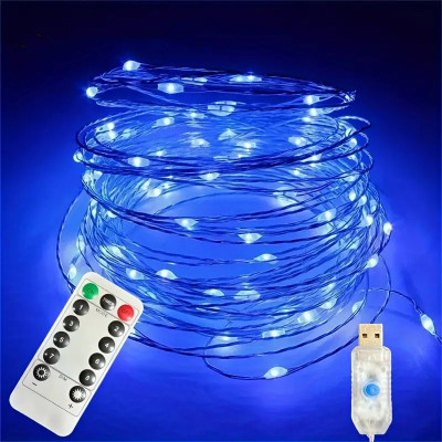 Гірлянда Роса 5м, 50 LED, срібний дріт, USB, пульт 8 режимів, синій