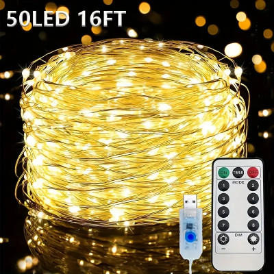 Гірлянда Роса 5м, 50 LED, срібний дріт, USB, пульт 8 режимів, теплий білий