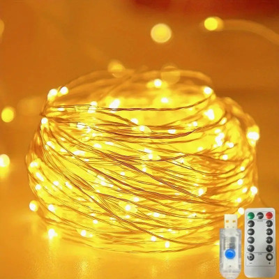 Гірлянда Роса 5м, 50 LED, срібний дріт, USB, пульт 8 режимів, теплий білий