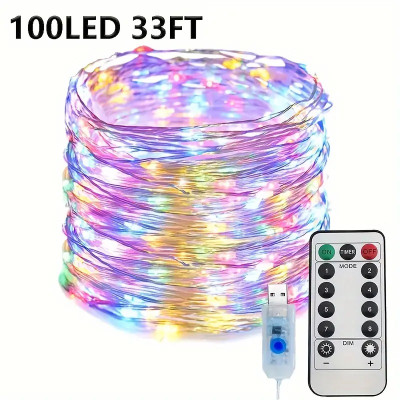 Гірлянда роса нитка 10 м, 100 LED, срібний дріт, USB, пульт 8 режимів, мульти