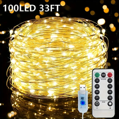Гірлянда Роса 10м, дріт на батарейках + USB та пульт 8 режимів: 100 LED, теплий білий