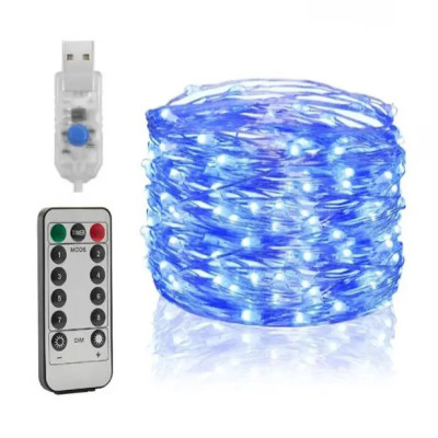 Гірлянда роса нитка 10 метрів USB 100 LED RGB з пультом 8 режимів, синій