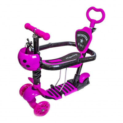 Трехколесный детский самокат Scooter 5 в 1 Розовый с бортиком, сиденьем, родительской ручкой и корзинкой 1+