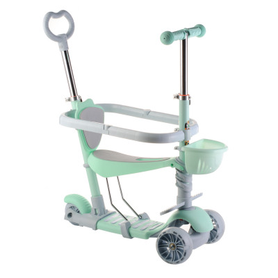 Трехколесный детский самокат Scooter 5 в 1 "Бирюза" с  сиденьем,бортиком,родительской ручкой и корзинкой 1+