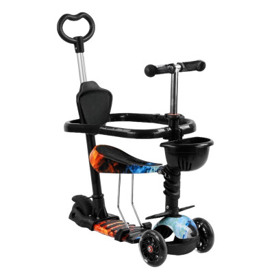 Трехколесный детский самокат Scooter 5 в 1 "Огонь и лед" с сиденьем,бортиком, родительской ручкой и корзинкой 1+