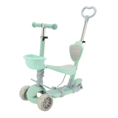 Трехколесный детский самокат Scooter 5 в 1 "Бирюза" с  сиденьем,родительской ручкой и корзинкой 1+
