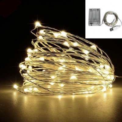 Гирлянда Роса 20м, проволка на батарейках+ USB: 200 LED , Теплый белый