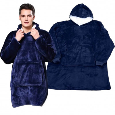 Синий плед Толстовка c Капюшоном и Руковами Hoodie 3-в-1 Плед с Руковами Двухсторонний Теплый Худи Халат Домашний