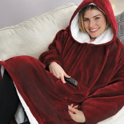Бордовый плед Толстовка c Капюшоном и Руковами Hoodie 3-в-1 Плед с Руковами Двухсторонний Теплый Худи Халат Домашний